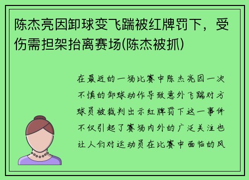 陈杰亮因卸球变飞踹被红牌罚下，受伤需担架抬离赛场(陈杰被抓)